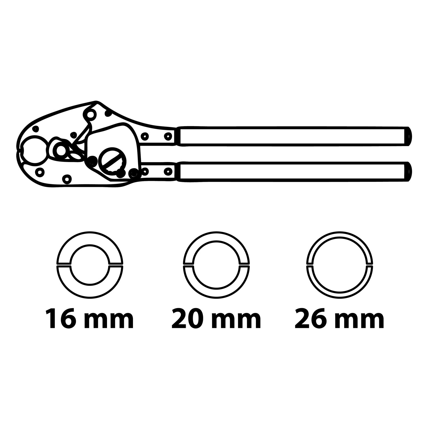 Kirchhoff Handpresszange mit Einsätzen für 16, 20, 26 mm Mehrschichtverbundrohre.