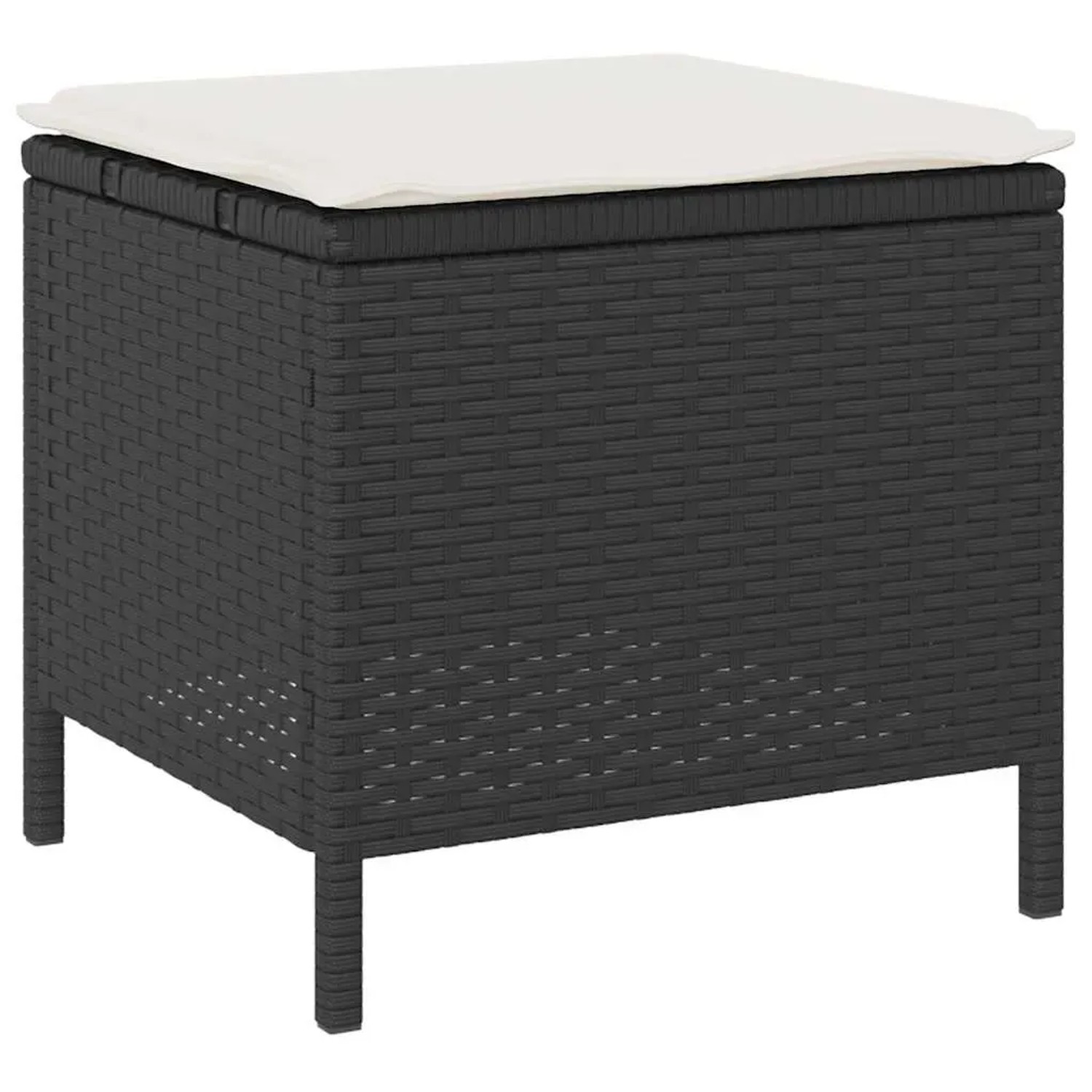 Schwarzer vidaXL Gartenhocker aus Polyrattan mit Auflage, Teil der 4-tlg. Essgruppe.