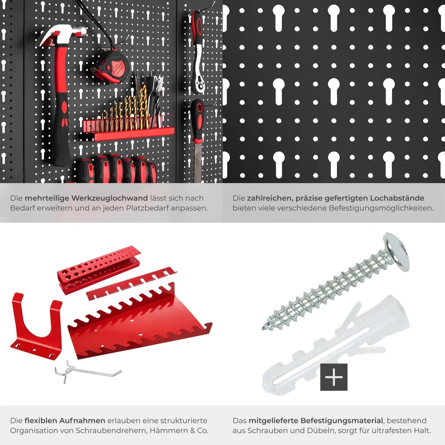 Tectake Werkzeuglochwand, sechsteilig, mit Haken und Halterungen. Werkzeugwand in Schwarz/Rot.
