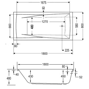 Technische Zeichnung der Badewanne Atlanta, 180x80 cm, mit Maßangaben für Installation.