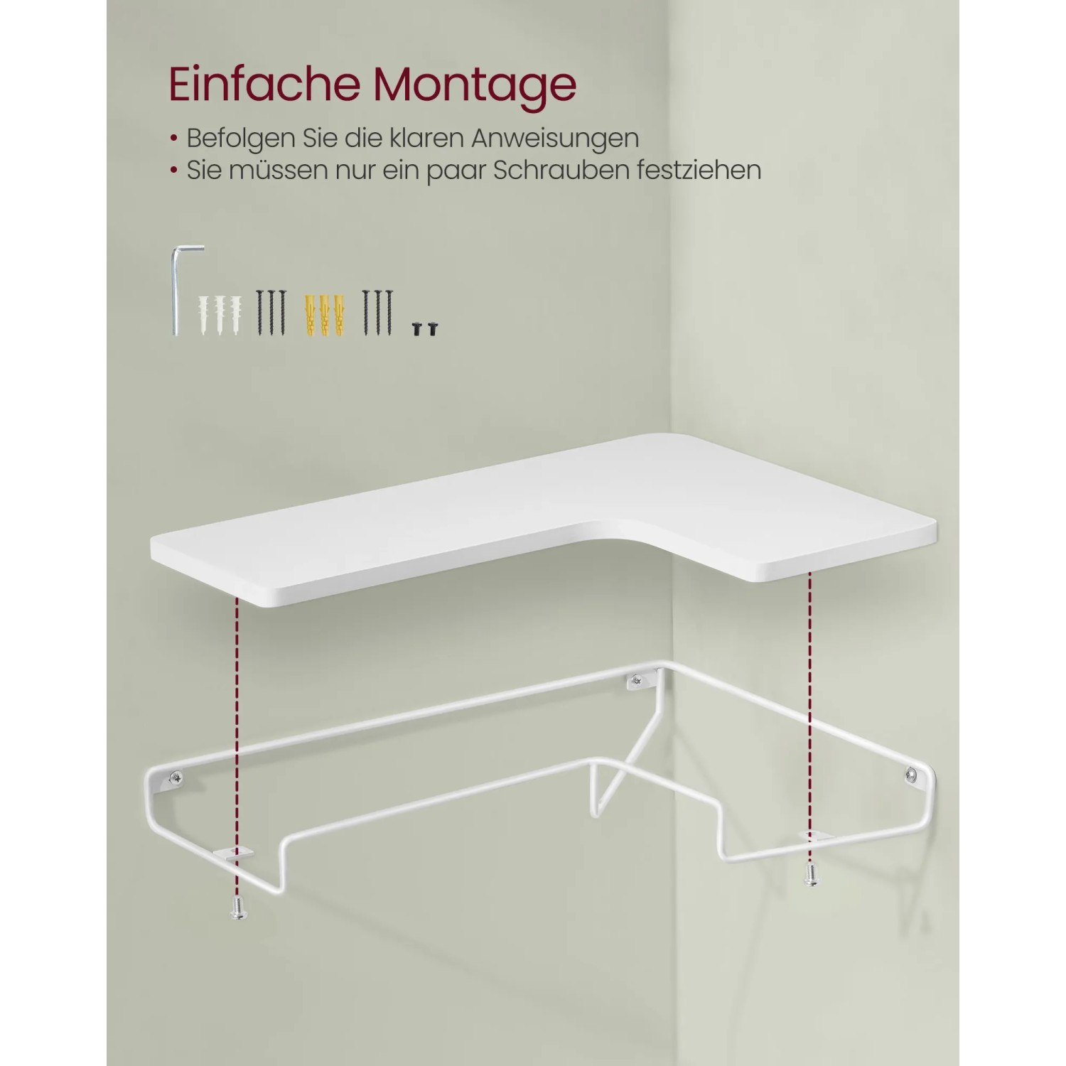 Weißes Vasagle Eckregal 2er Set mit L-Form und Stahlrahmen zur Wandmontage.