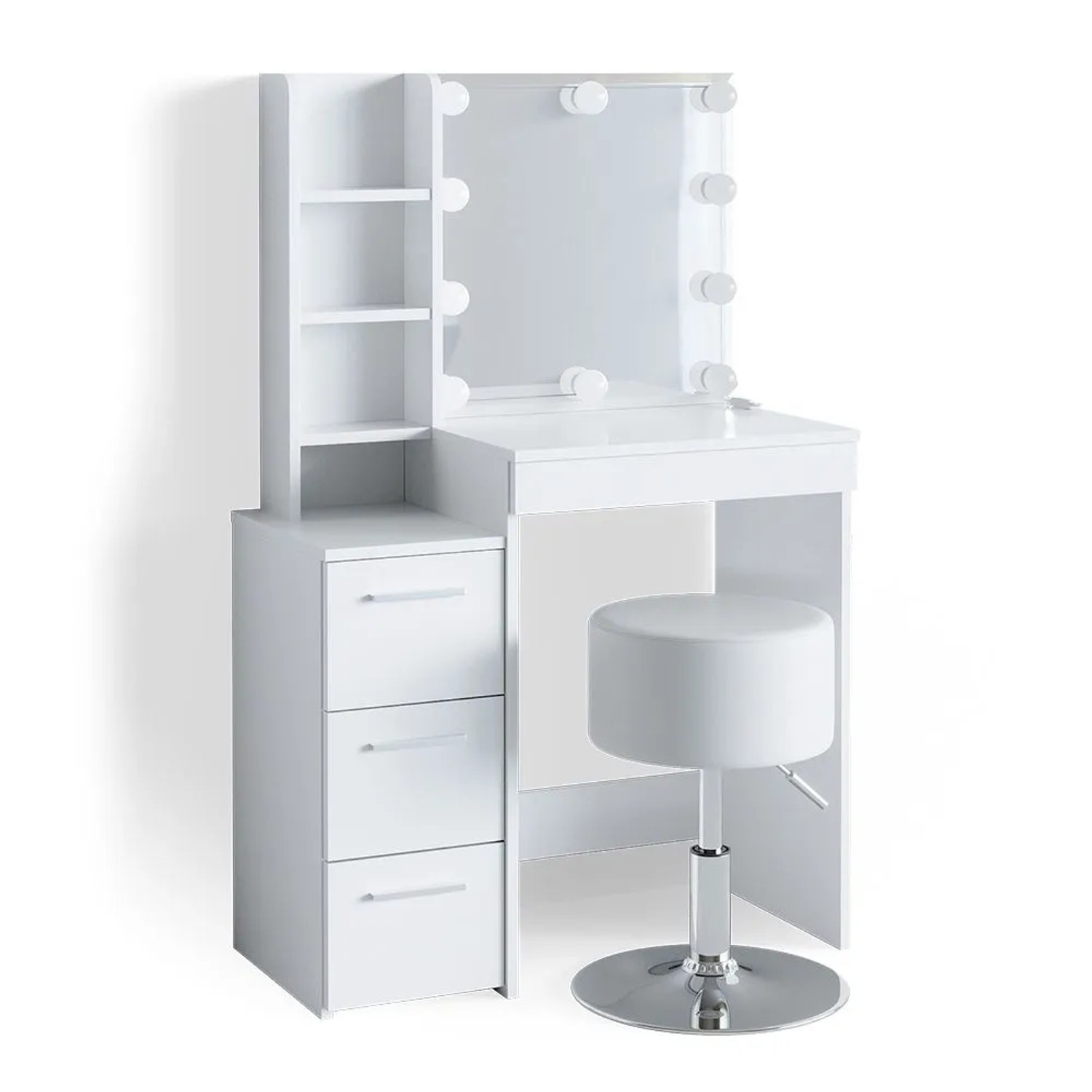 Vicco Schminktisch Meryl Weiß 80 x 127 mit Spiegel, LED-Lichterkette und Hocker