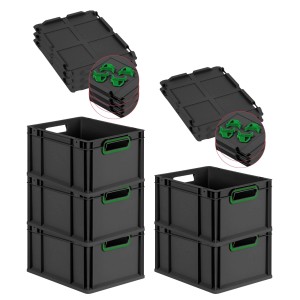 PROREGAL SparSet: 5 Euroboxen Nextgen Color, schwarz mit grünen Griffen und Auflagedeckel.