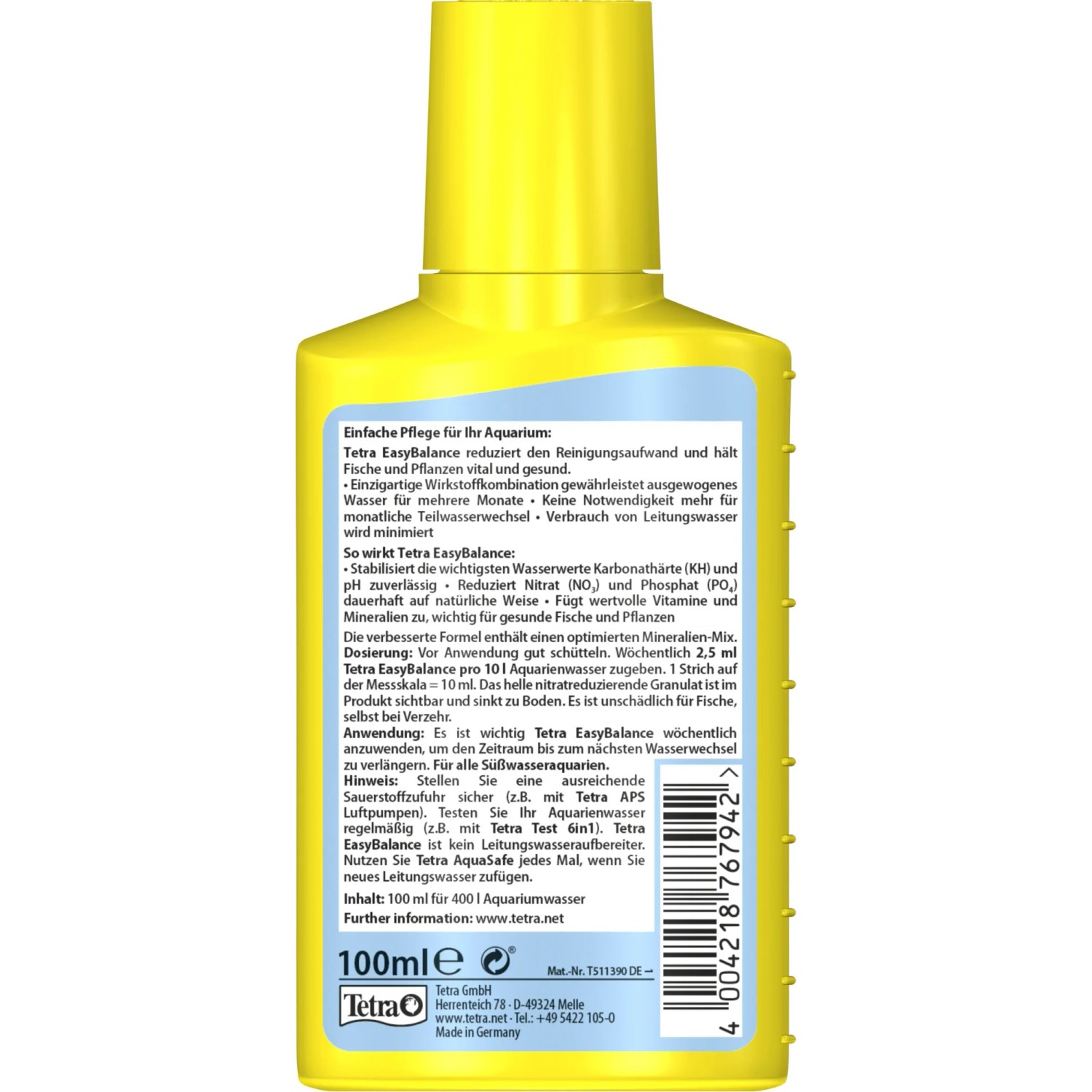 Tetra EasyBalance 100ml Wasserpflegemittel für Aquarien, gelbe Flasche.