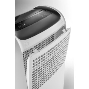 DeLonghi Luftentfeuchter DDSX225 mit geöffnetem Filterfach, weiß.