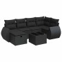 Schwarze 7-teilige vidaXL Garten-Sofagarnitur aus Polyrattan mit Kissen und Tisch.