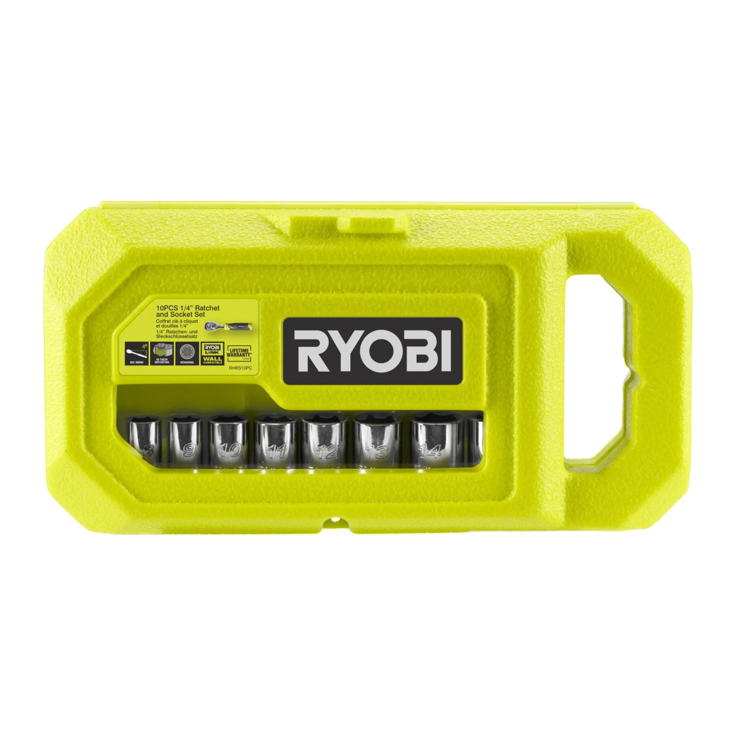 Ryobi Steckschlüssel-Set RHRS10PC mit Ratsche und 9 Nüssen in gelber Transportbox.