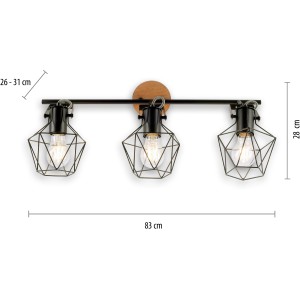 Just Light Jaro Wand- und Deckenleuchte, 3-flammig, Holz Natur, mit schwarzen Metall-Spots.
