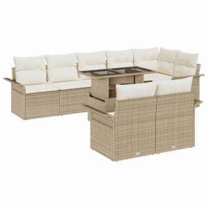 Beiges 9-teiliges vidaXL Garten-Sofa-Set aus Poly Rattan mit Kissen und Tisch mit Glasplatte.