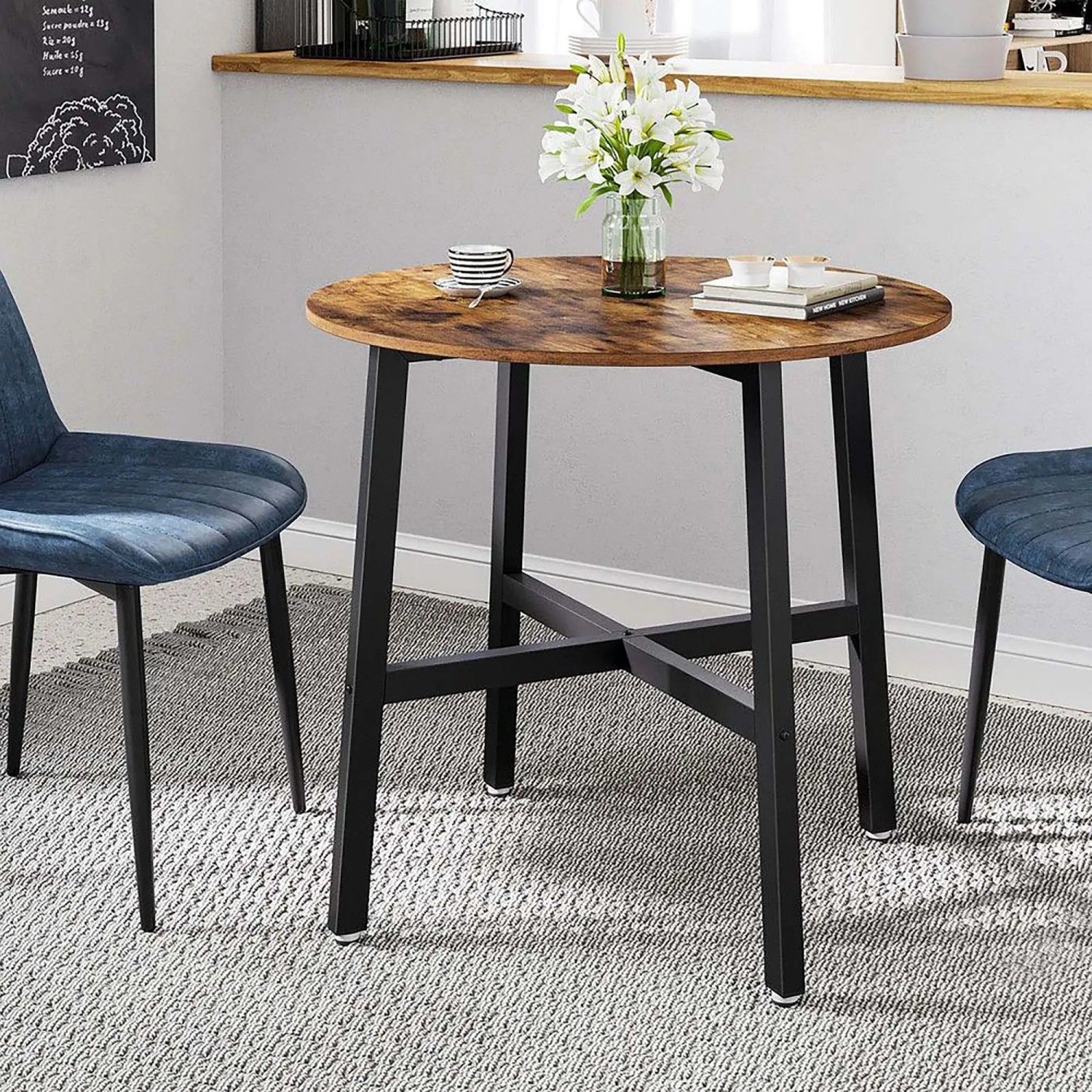 Runder Songmics Esstisch Delon, Ø 80 cm, braun-schwarz, im Industrie-Design.