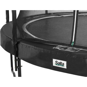 Detailansicht: Schwarzes Salta Premium Gartentrampolin Ø 366 cm mit Sicherheitsnetz und dickem Schutzrand.
