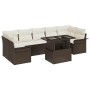 Braunes 8-teiliges Garten-Sofa-Set aus Poly Rattan mit Kissen und Tisch.