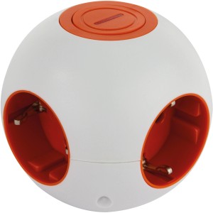 Runde 4-fach Mehrfachsteckdose in Weiß-Orange mit Schalter und Kinderschutz.