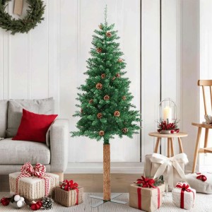 Grüner, schlanker künstlicher Weihnachtsbaum 150 cm mit Echtholzstamm und Zapfen für festliche Deko.