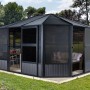 Sojag Pavillon Charleston 384x489 cm mit Stahl Dach und Moskitonetzen im Garten.