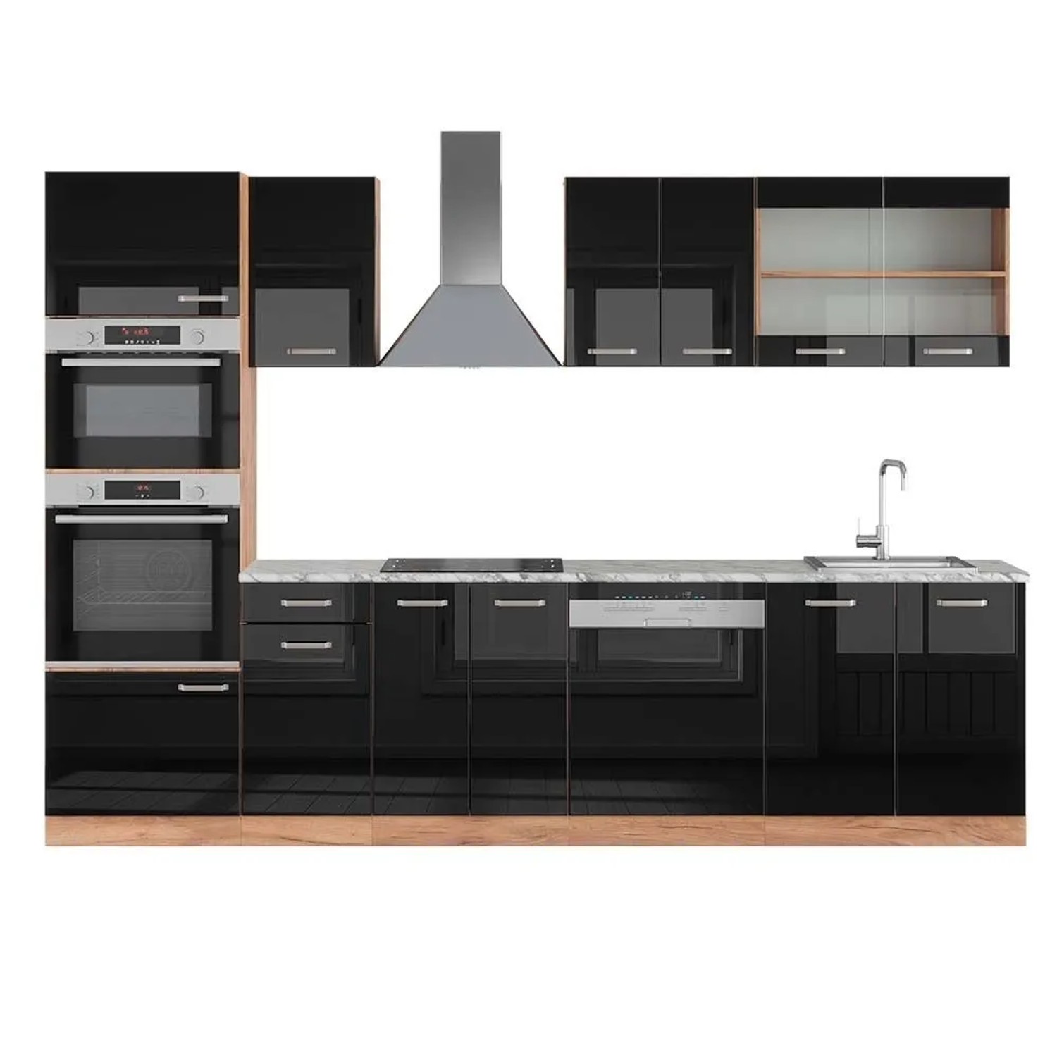 Vicco R-Line Küchenzeile Schwarz Hochglanz Goldkraft Eiche 300 cm mit HochschrankAP Marmor ohne E-Geräte