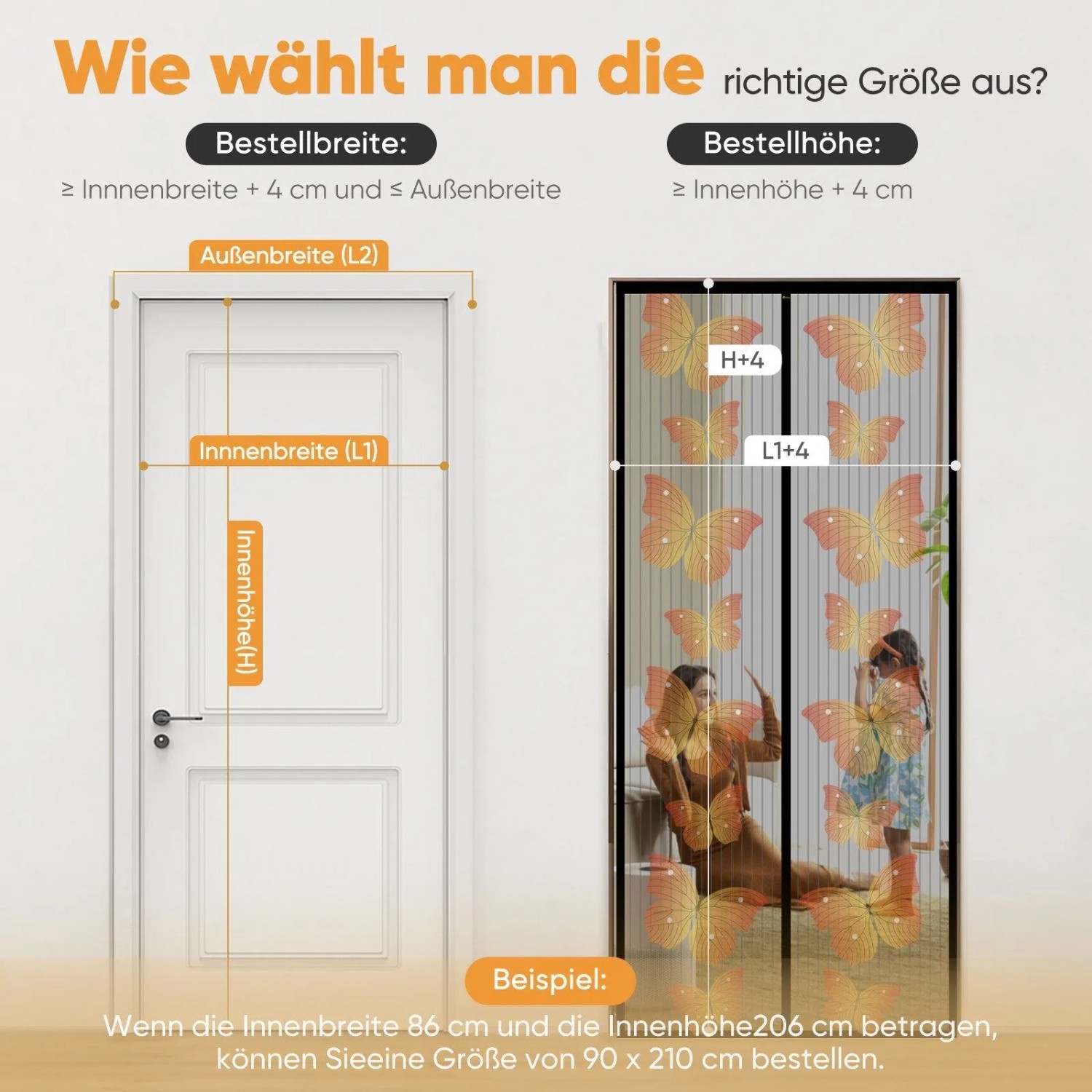 Messanleitung für Sekey Insektenschutz-Tür Fliegengitter. Zeigt Türrahmen-Maße (Breite, Höhe) zur Größenwahl für Balkontür.