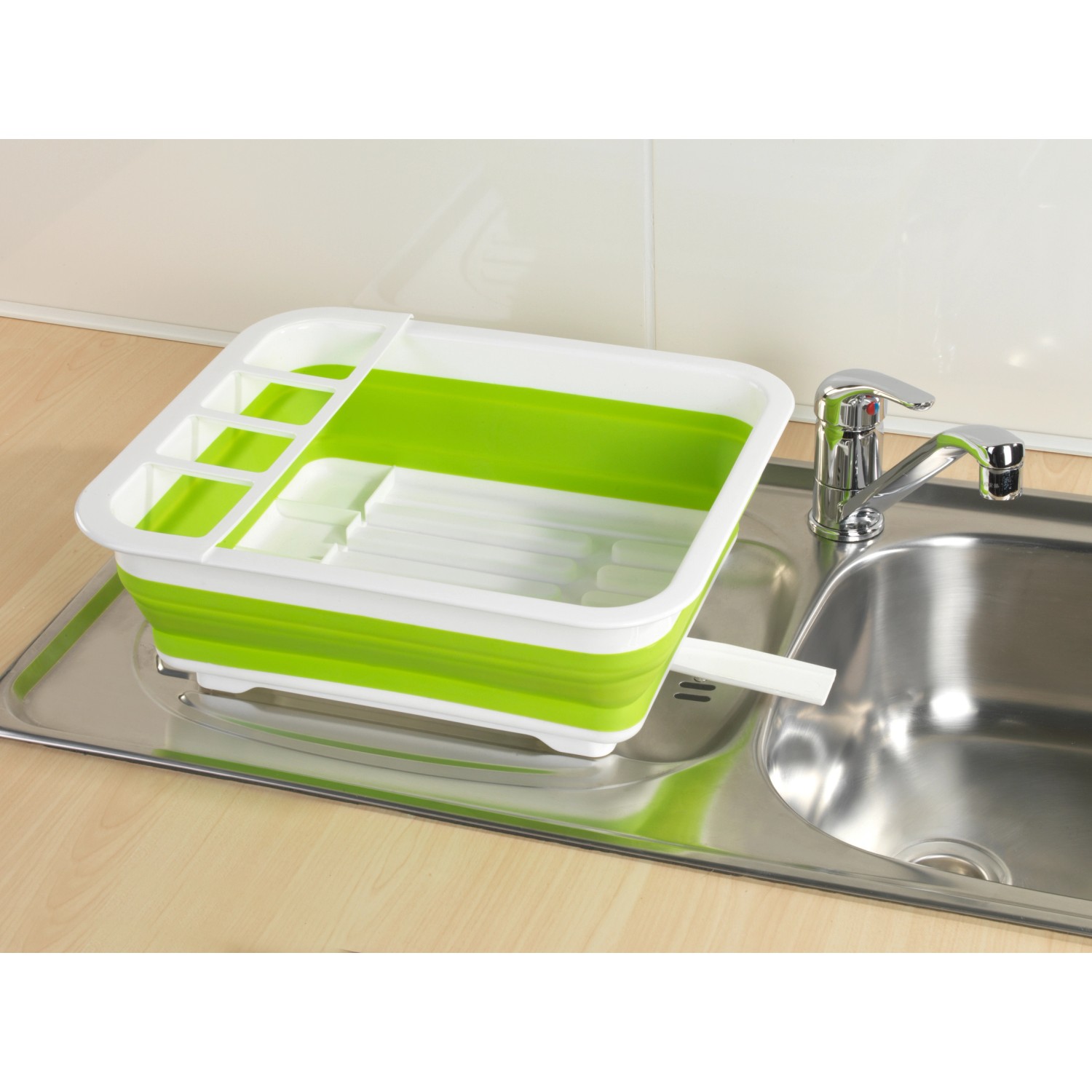 Faltbarer Wenko Geschirrabtropfer in Weiß-Grün aus Silikon, platzsparend für die Küche.