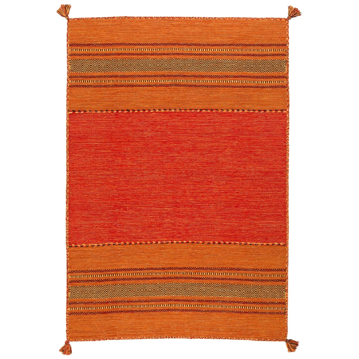 Handgewebter Kelim Teppich Navarro in Terrakotta, 70x140cm. Naturteppich mit Fransen.