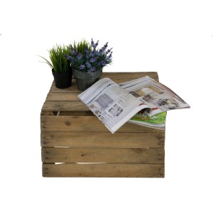 Holz-Allzweckkiste Vintage Kiefer (30x40x50cm) als Beistelltisch mit Deko-Pflanzen und Zeitschriften.