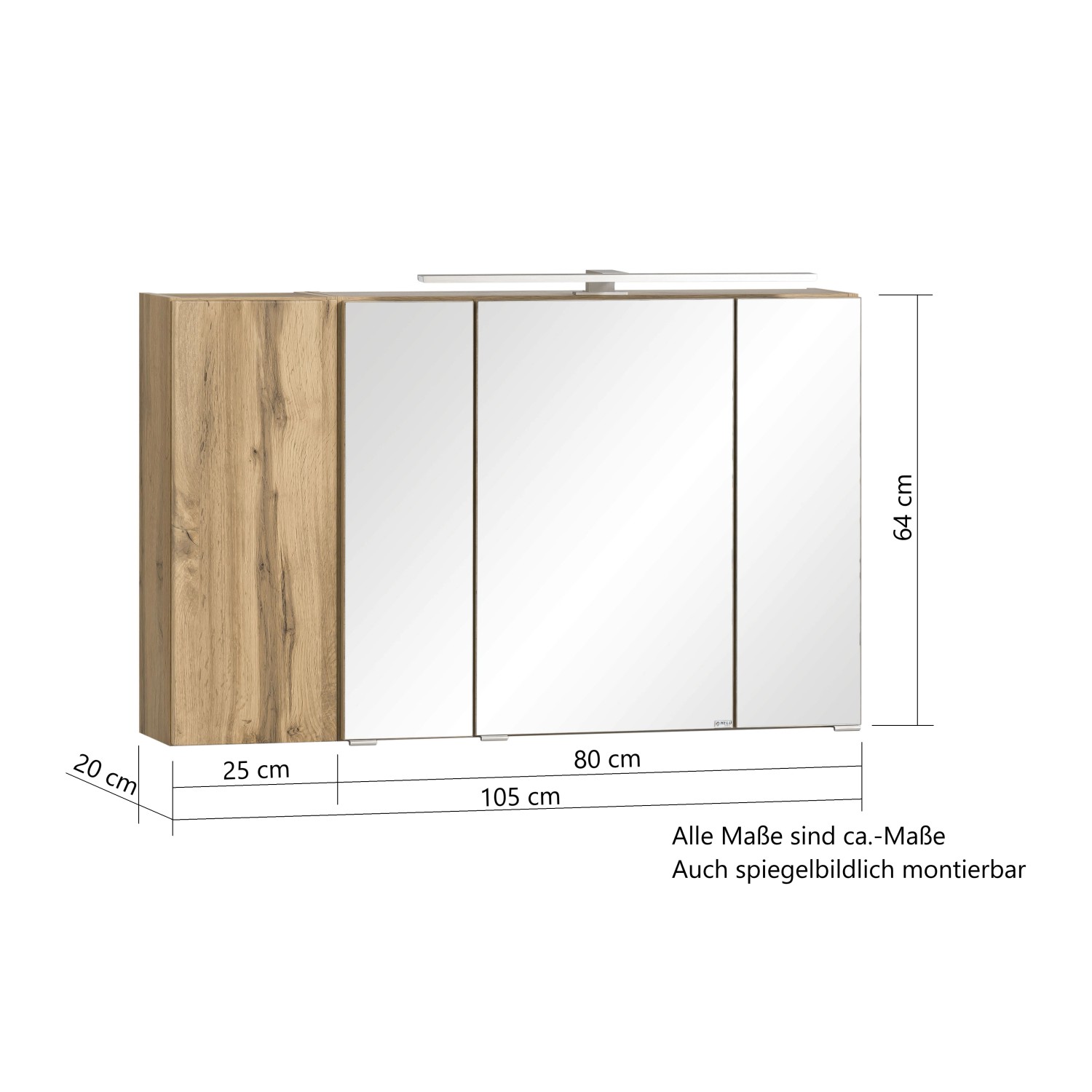 Held Möbel Ancona Spiegelschrank 105 cm in Wotaneiche mit LED-Leuchte für Badmöbel-Sets.
