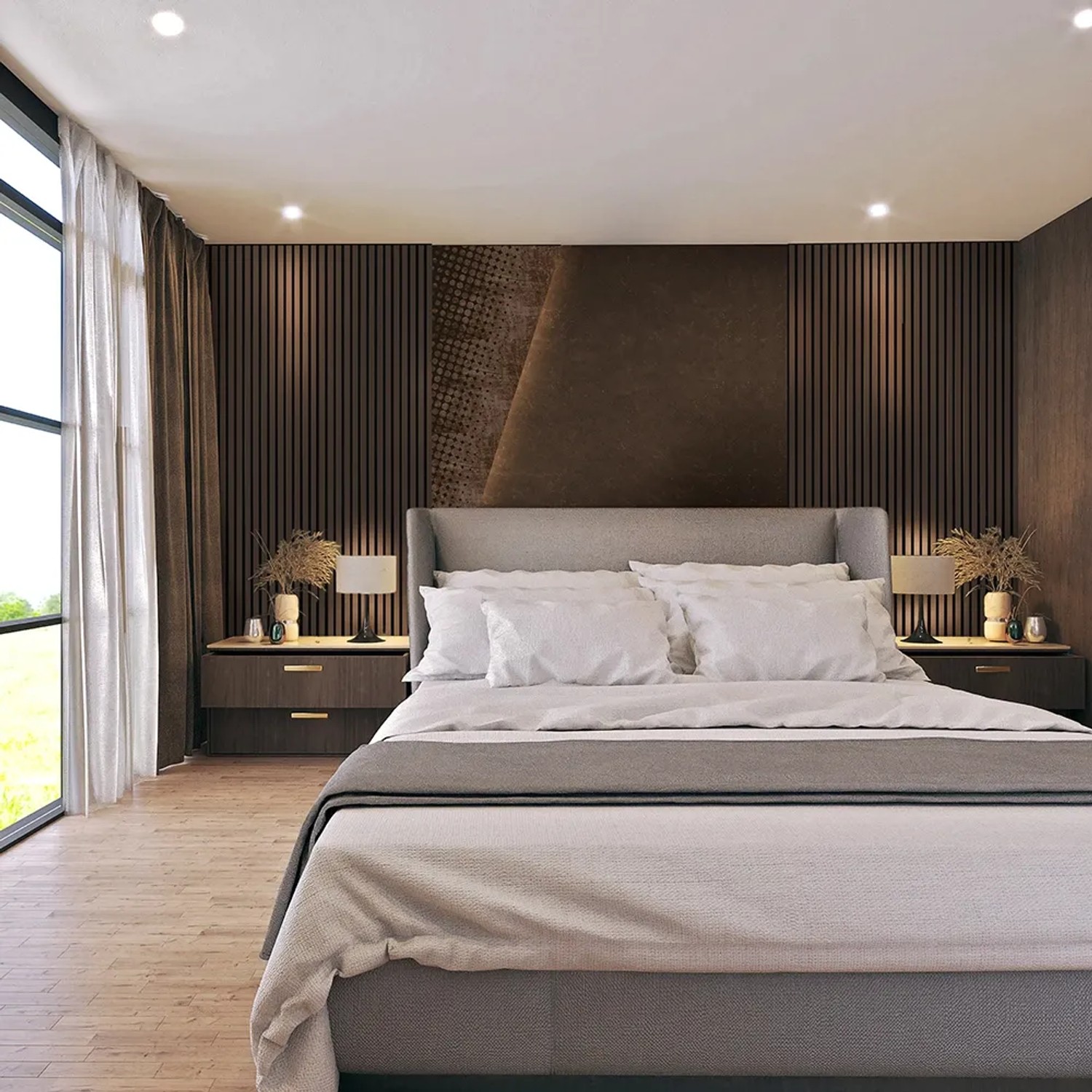 Schlafzimmer mit Akustikpaneel Foliert in Metall Bronze an der Wand.