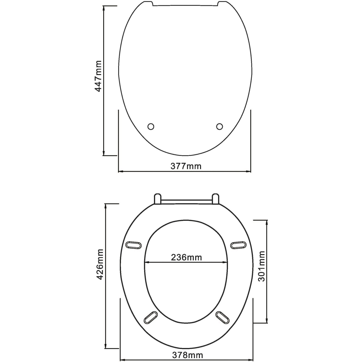 Skizze: Schütte WC-Sitz Weiß mit Absenkautomatik, Maße für Montage und Installation.