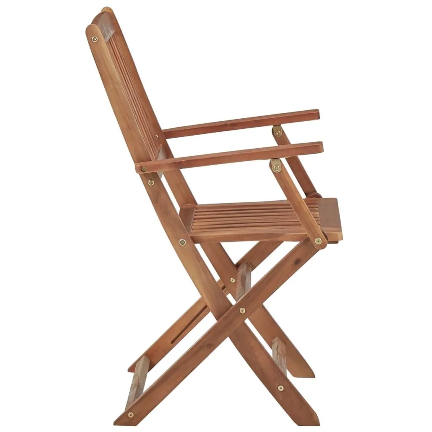 Klappbarer Gartenstuhl aus geöltem Akazienholz, seitliche Ansicht. Brauner Massivholzstuhl mit Armlehnen.