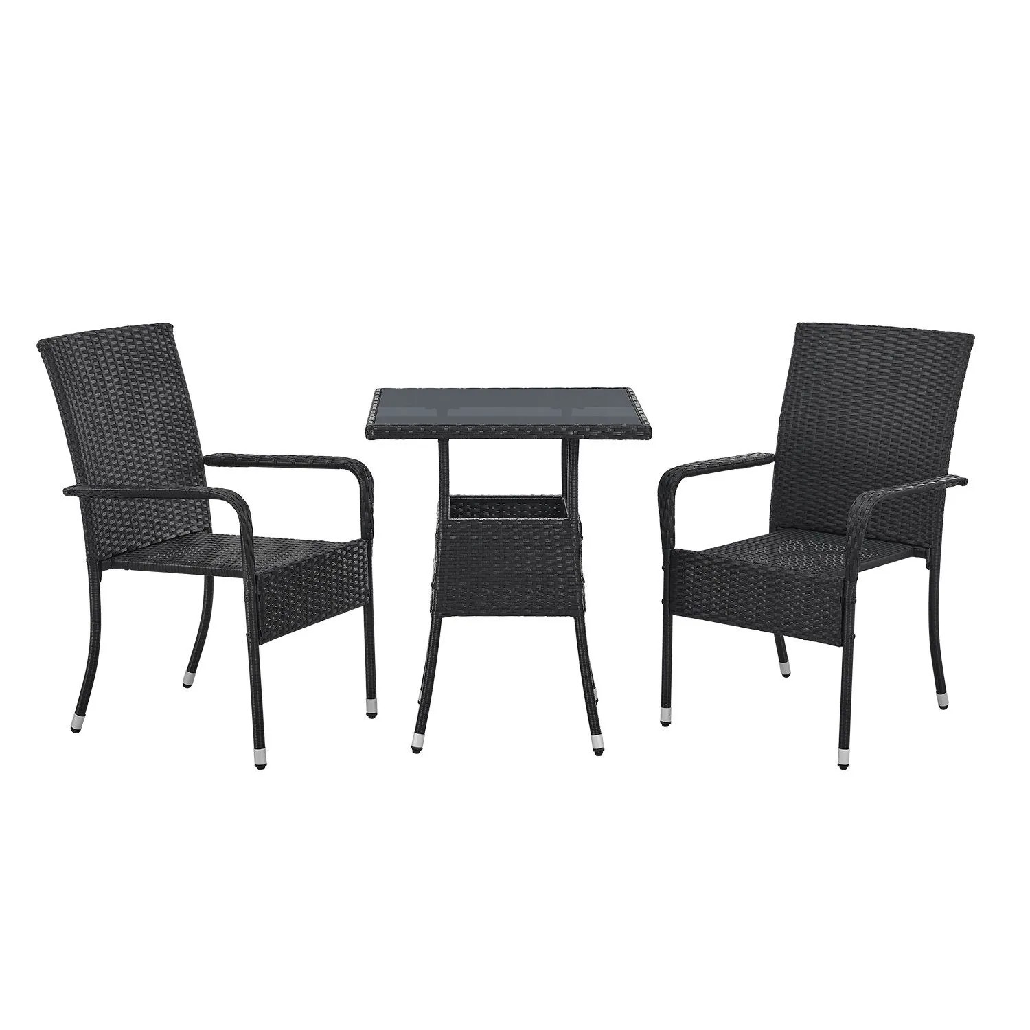 Quadratischer, schwarzer Polyrattan Gartentisch (60x60 cm) mit zwei passenden Stühlen.