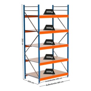 PROREGAL Industrie Weitspannregal Lagerregal MAXIMUS PRO Grundregal HxBxT 300x150x100cm 5 Spanplatten-Fachboden Fachlast 850kg Blau/Orange