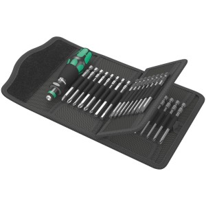 Wera Kraftform Kompakt 62 Werkzeug-Set in schwarzer Falttasche mit Schraubendreher-Handhalter und Bits.