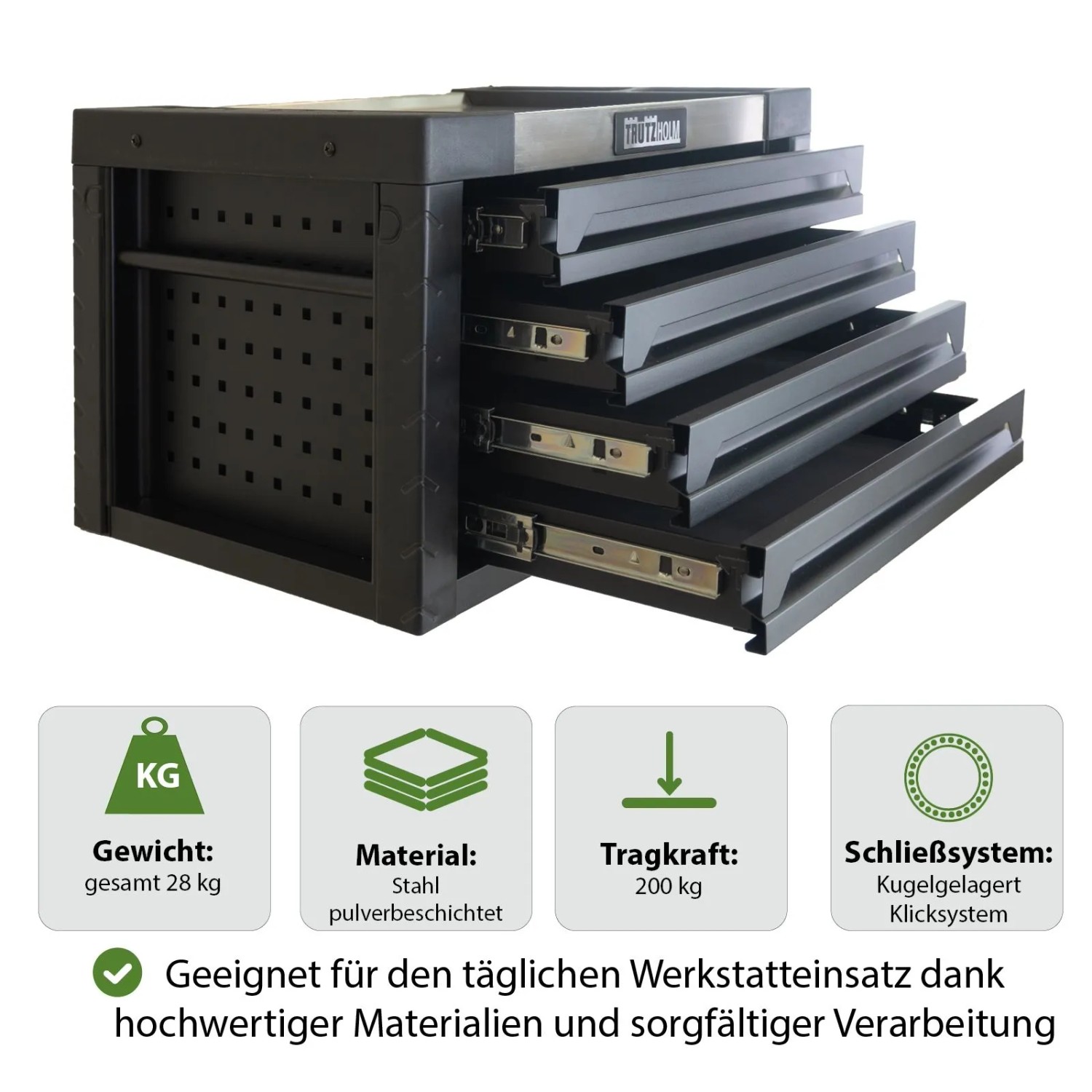 Schwarze TRUTZHOLM Werkzeugkiste mit 4 offenen, kugelgelagerten Schubladen aus pulverbeschichtetem Stahl.