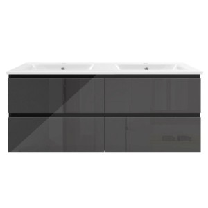 Schwarzer Hochglanz Waschtisch 120cm mit zwei Keramik Waschbecken und grifflosen Unterschrank. Modernes Badmöbel Set.