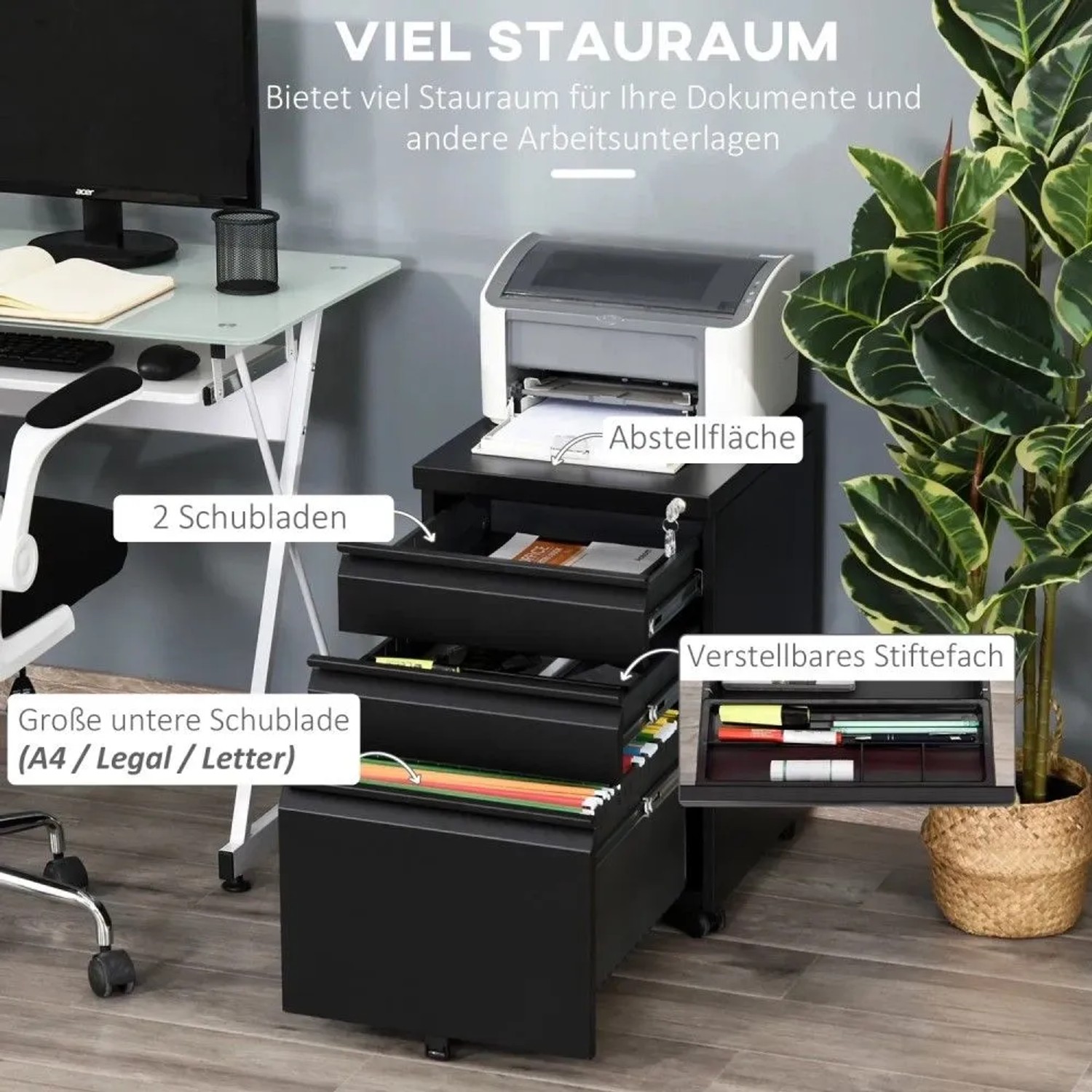 Vinsetto Rollcontainer mit 3 Schubladen Rädern Stahl Schwarz 39 x 48 x 60 cm_4