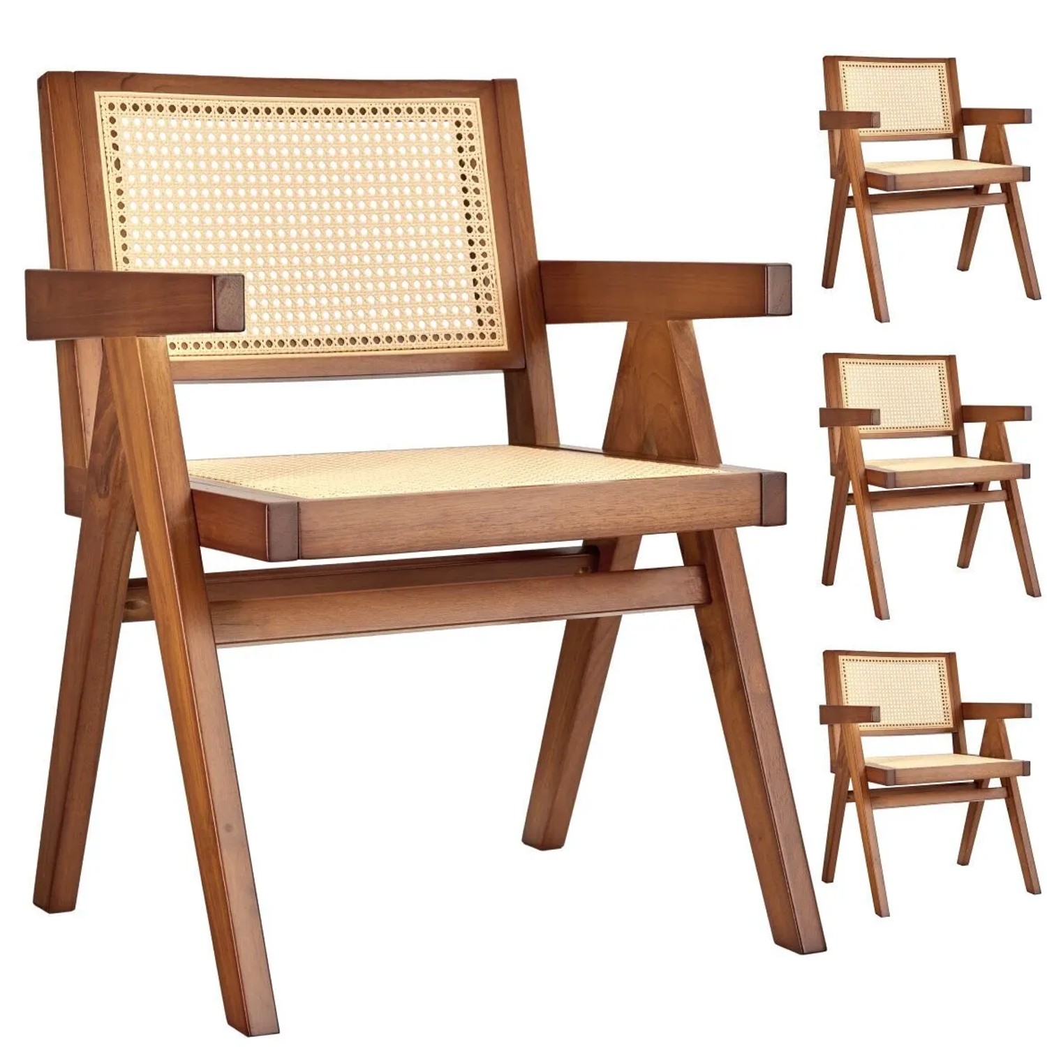Tectake Armlehnstuhl Lissy Boho Stil Große Rückenlehne Und Sitzfläche Mit Wiener Geflecht 4Er Set 56 50 X 59 50 X 82 50 Cm Eiche Dunkel