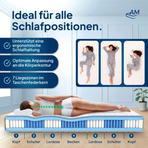 AM Premium Taschenfederkernmatratze 160x200 mit 7 Zonen für ergonomischen Schlaf.