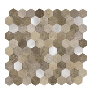 Selbstklebende Mosaikfliesen in Hexagon-Form, beige und silberfarben, 0,88m², 11 Stück.