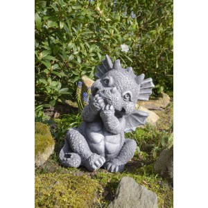 Grau-schwarze DELUKE Gartenfigur OTTO aus Keramik, 37x28x27 cm, als Gartendeko für den Außenbereich.