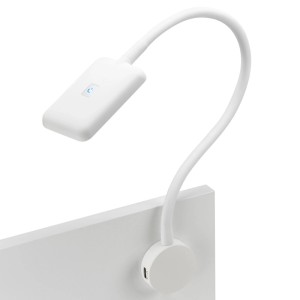 Weiße LED Bettleuchte FIORE mit flexiblem Arm, USB-Anschlüssen und Touchsensor zur Montage am Bett.