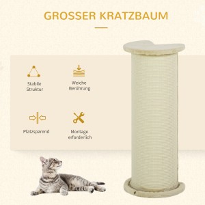 Beiger PawHut Kratzbaum mit Sisal und Katze. Kratzschutz für Möbel, platzsparend und stabil.