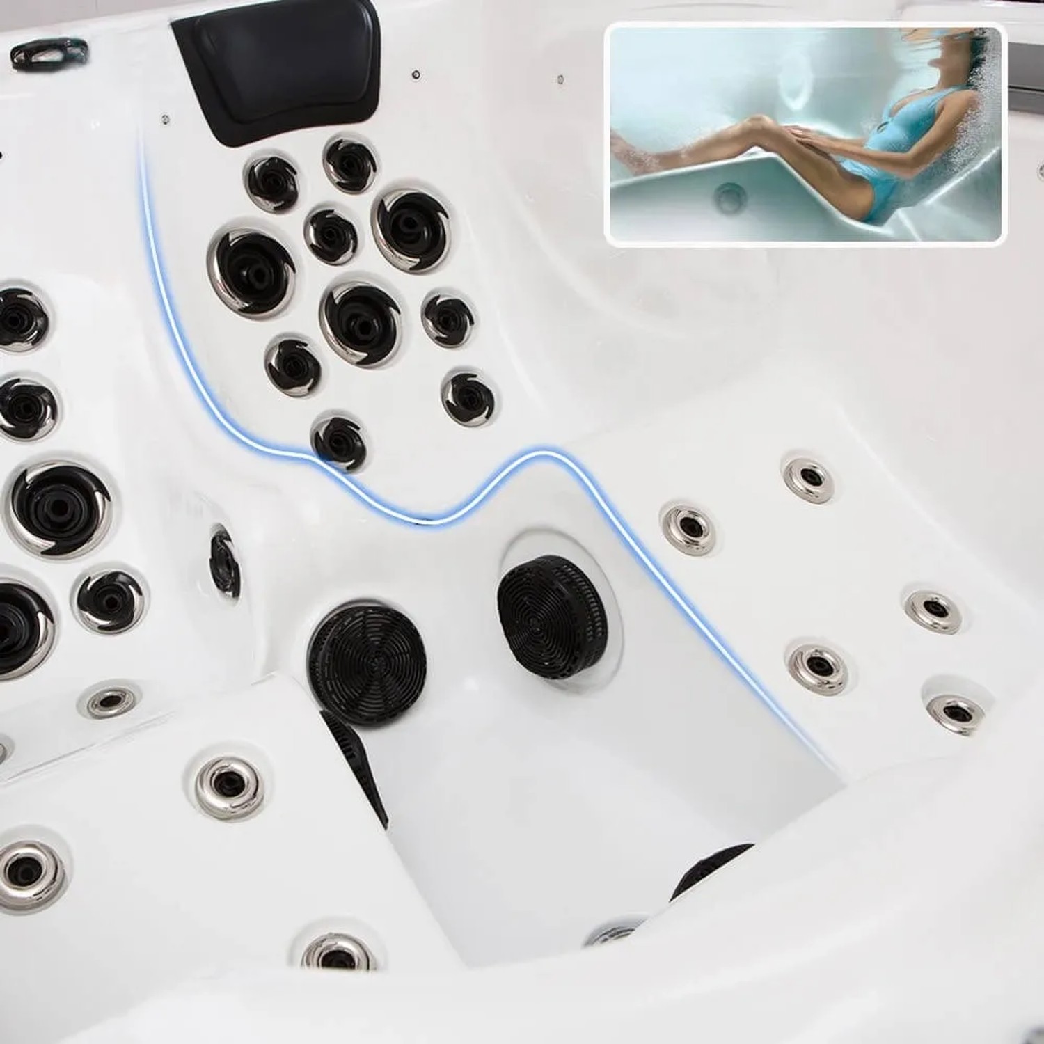 Innenansicht Home Deluxe Outdoor Whirlpool Beach Plus mit Massagedüsen und LED-Beleuchtung.