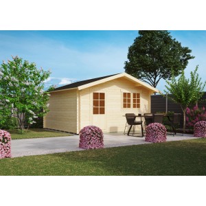 Unbehandeltes Kiehn-Holz Gartenhaus KH 28-098, 390x390 cm, mit Tür und Fenstern im Garten.