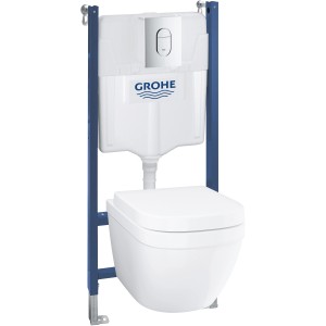 Grohe QuickFix WC-Set 5in1 Solido Compact, wandhängendes WC mit Spülkasten und blauem Montagerahmen.