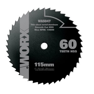 Worx HSS Sägeblatt WA5047, 115mm, 60 Zähne für Kreissägen zum Sägen von Metall, Holz und PVC.
