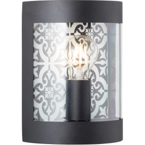 Schwarze Brilliant Außenwandleuchte Lison im Vintage-Stil mit E27 Fassung und gemustertem Hintergrund.