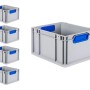 PROREGAL Spar Set: 5 graue Euroboxen mit blauen Griffen, 20 Liter, für Lagerung und Transport.
