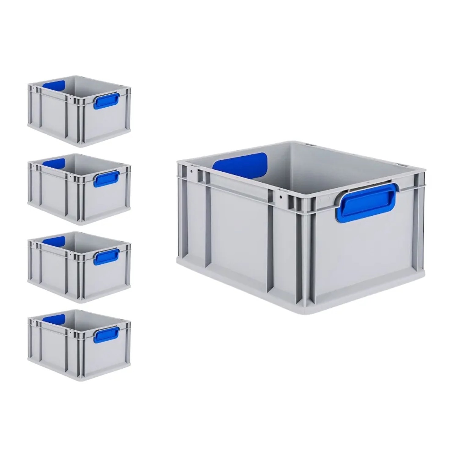 PROREGAL Spar Set: 5 graue Euroboxen mit blauen Griffen, 20 Liter, für Lagerung und Transport.