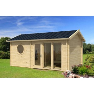 Finntherm Gartensauna Genf-70 aus Fichtenholz mit Satteldach und Panoramafenster.
