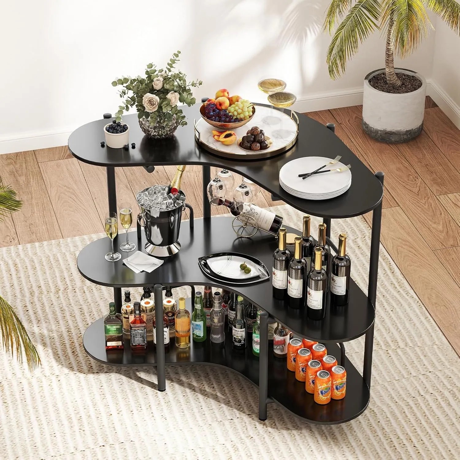 Costway 3 Ebenen Hausbar mit Glashalter Schwarz 120 x 66 x 102 cm_5