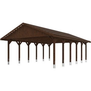 Satteldach-Carport Wallgau Nussbaum, Doppelcarport aus Holz mit Dachlattung.